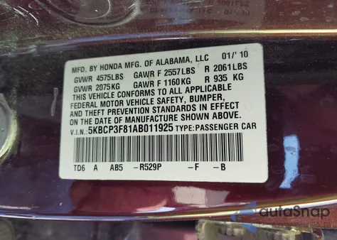 2010 Honda Accord 3.5 Ex-L z USA, uszkodzony, nr VIN 5KBCP3F81AB011925